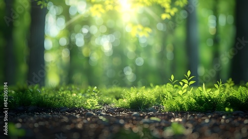 A blurred background of an enchanting forest, bathed in the soft glow of sunlight filtering through tall trees, creating a magical atmosphere.