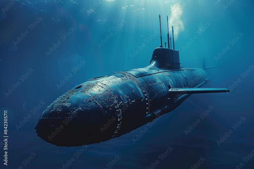 Submarine navigating in the sea, underwater exploration Submarine navigating in the sea, underwater exploration