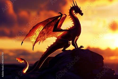 A dragon stands on a hillside at sunset