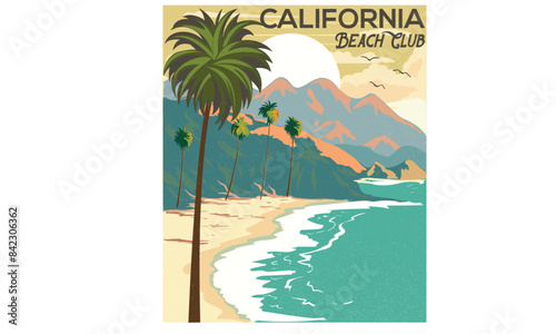 Summer slogan t-shirt. Surf club design. Beach wave artwork. Tropical island art for fashion and others. California beach club. Mountain artwork.