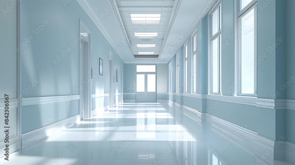 A clean white hospital corridor with light blue walls and large windows, creating an atmosphere of serenity and safety. A clean white hospital corridor with light blue walls and large windows, creating an atmosphere of serenity and safety.