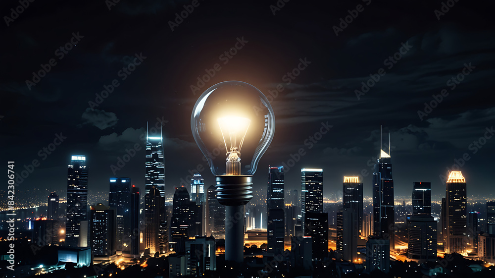 A very giant sized Light bulb in the center on metropolis city with big sky scrapers building, big business idea concept, dark night life environment
 - obrazy, fototapety, plakaty 