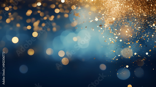 Abstract blue and gold glitter background with bokeh lights photo