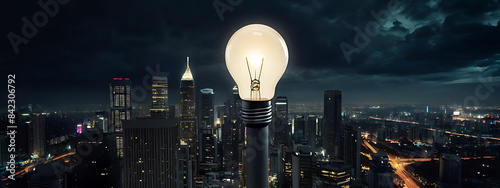 A very giant sized Light bulb in the center on metropolis city with big sky scrapers building, big business idea concept, dark night life environment 