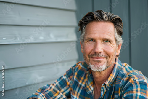 Mature man's casual pose exuding confidence and happiness photo