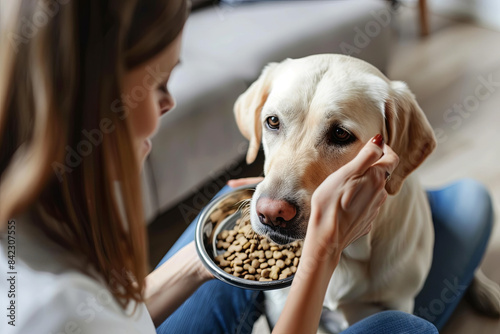 Woman feeding Labrador dog dry food from bowl in living room at home photo