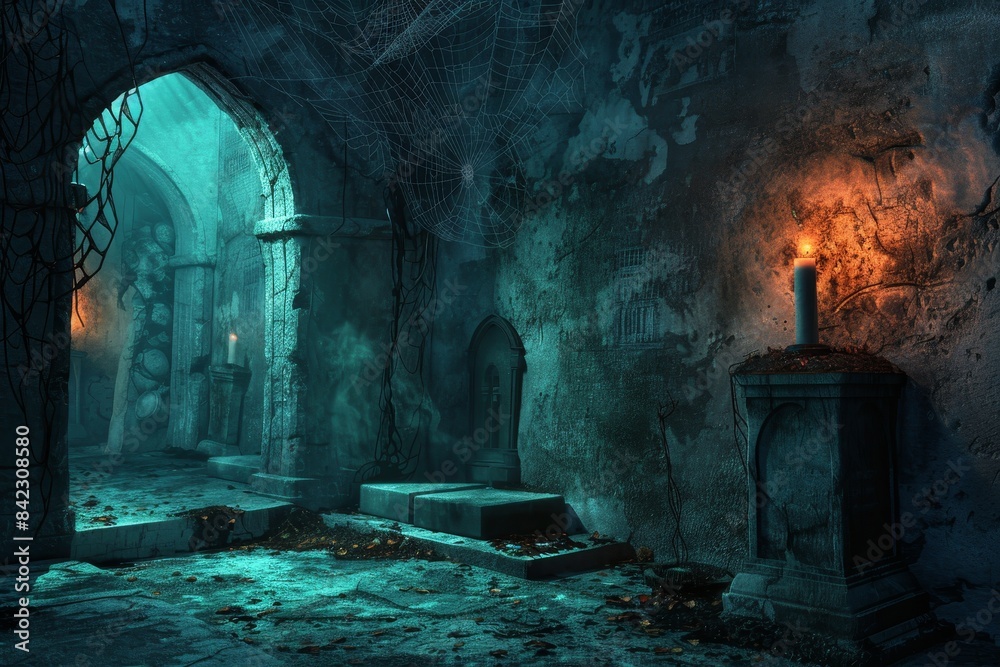 A dark, narrow tunnel with candles lit in the middle