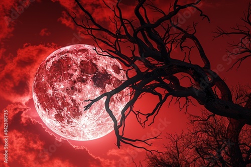 A red moon is in the sky above a tree with dark branches
