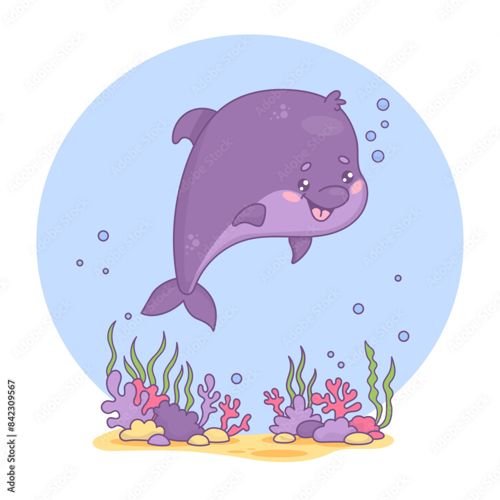 Obraz premium Cute funny dolphin. Underwater world with seaweed and cartoon kawaii character animal. Vector illustration. Kids collection