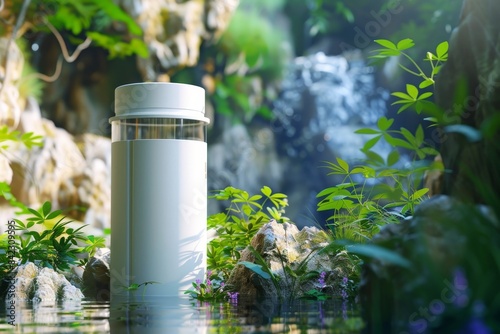 A white water filter sits on a table next to a green plant