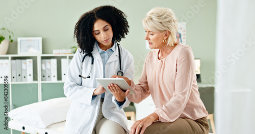 Obraz na płótnie Hospital, tablet and doctor with mature patient for medical service, consulting and help in clinic