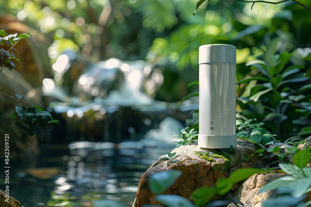 A white container with a green lid sits on a rock next to a waterfall A white container with a green lid sits on a rock next to a waterfall