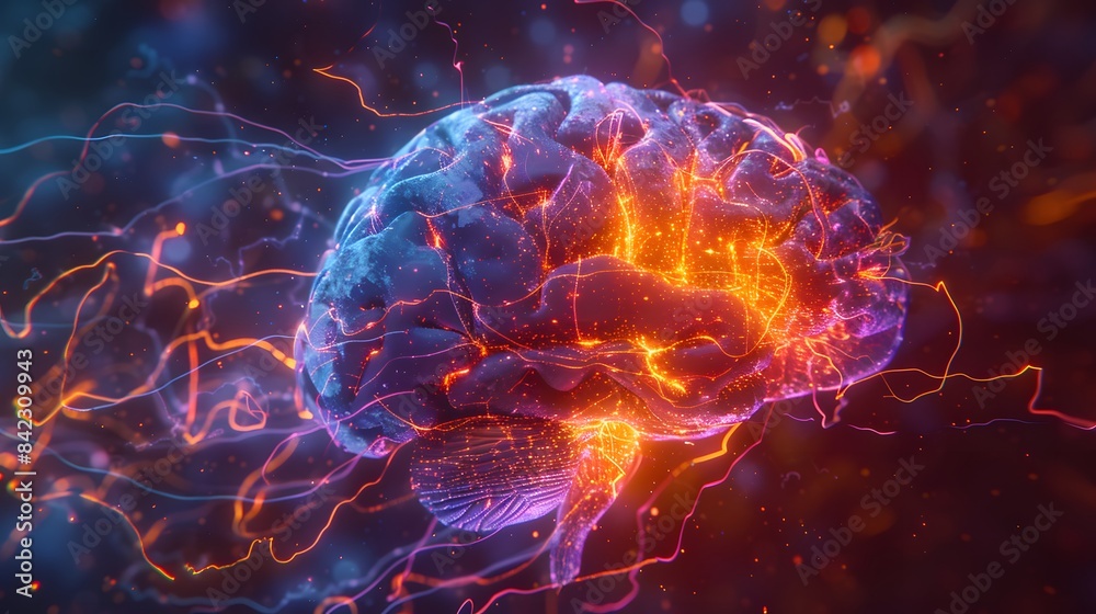 A glowing brain with light blue and purple veins connected to multiple wires that lead into the center of an orange energy source, set against deep space background. A glowing brain with light blue and purple veins connected to multiple wires that lead into the center of an orange energy source, set against deep space background.
