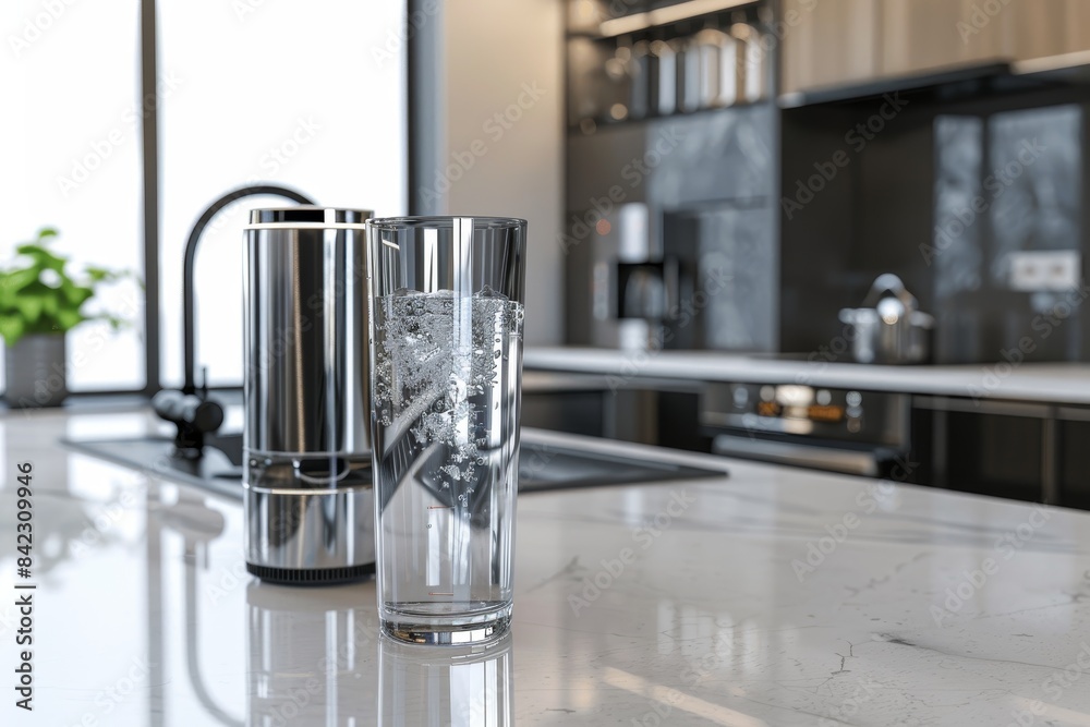 A glass of water sits on a counter next to a water dispenser A glass of water sits on a counter next to a water dispenser