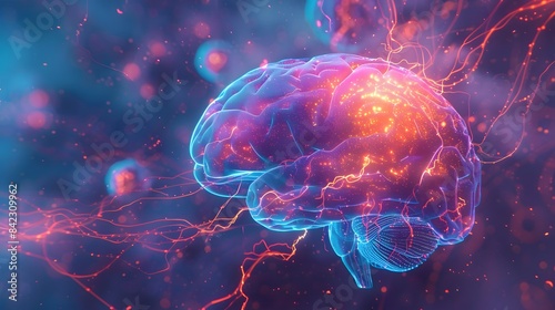 A glowing brain with light blue and purple veins connected to multiple wires that lead into the center of an orange energy source, set against deep space background. © horizon