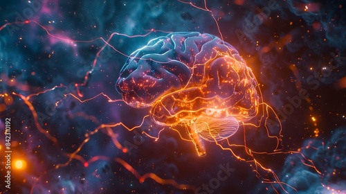 A glowing brain with light blue and purple veins connected to multiple wires that lead into the center of an orange energy source, set against deep space background.