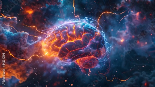A glowing brain with light blue and purple veins connected to multiple wires that lead into the center of an orange energy source, set against deep space background.