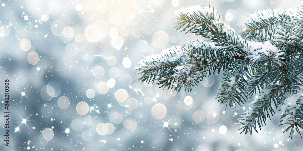 Frost-covered pine branches with soft bokeh lights in the background, creating a serene and festive winter scene. Frost-covered pine branches with soft bokeh lights in the background, creating a serene and festive winter scene.