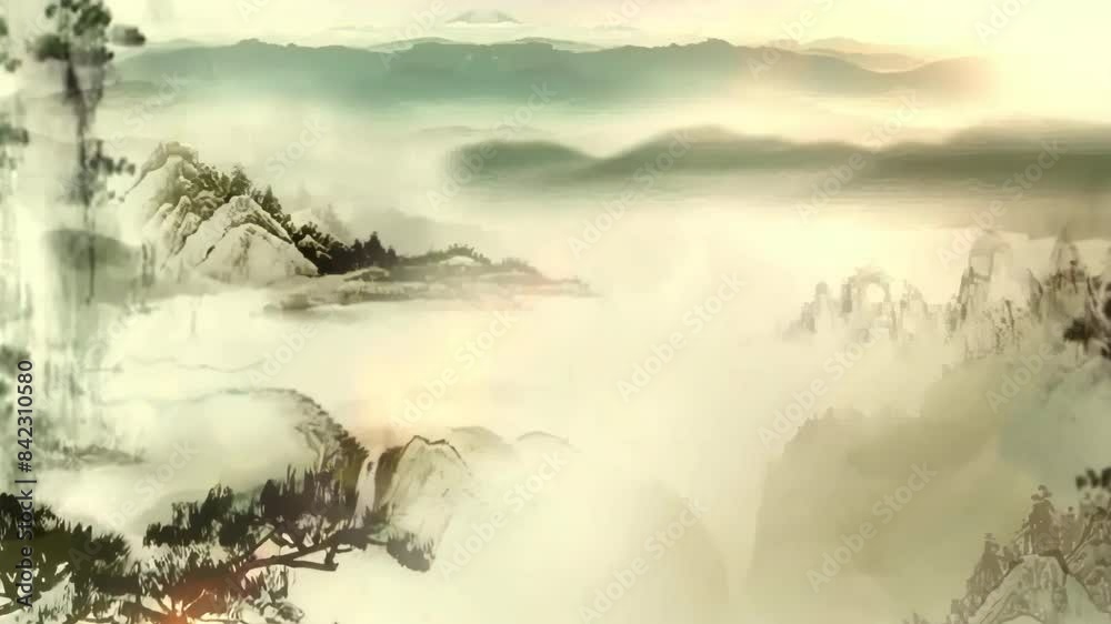 Mysterious landscape China's traditional Oriental Digital Art animation, Chinese retro painting ink misty mountain with flowers, tree, birds, river in fog background. China Japan scenery artwork