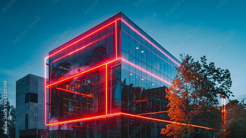 Obraz premium A modern office building with glass windows and a blue sky background.