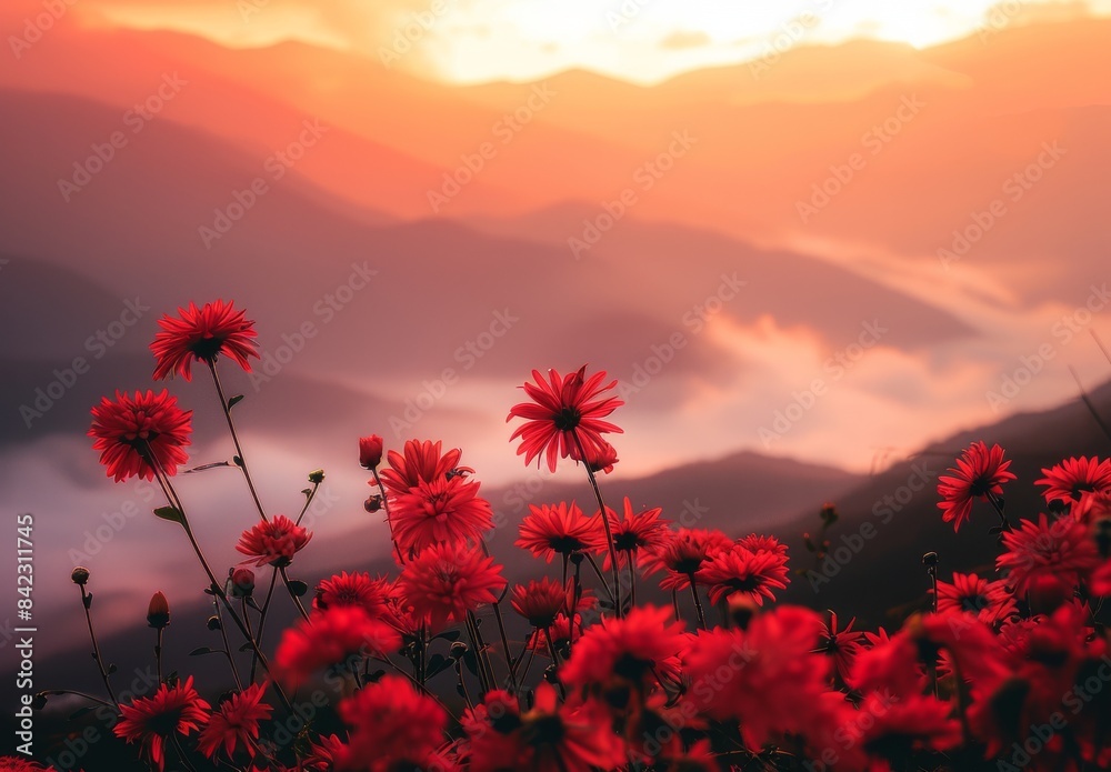 Fototapeta premium Red chrysanthemums in the foreground, mountains and foggy valley behind, sunrise, golden sky, cinematic photography