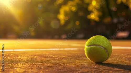 Attractive Close up tennis ball on court background with copy space