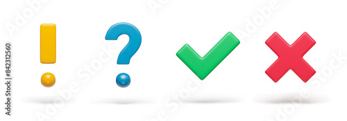 Right, wrong and exclamation, question check marks on white set. Acceptance, rejection, interrogation and attention signs three-dimensional rendering vector illustration