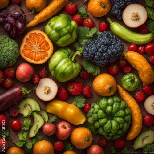 Collection of fruits and vegetables lying on the table. Fruits and vegetables. AI is being created