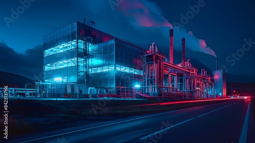 An industrial building with white walls and glass windows at night  illuminated in the style of blue lights  with the light reflected on its surroundings.