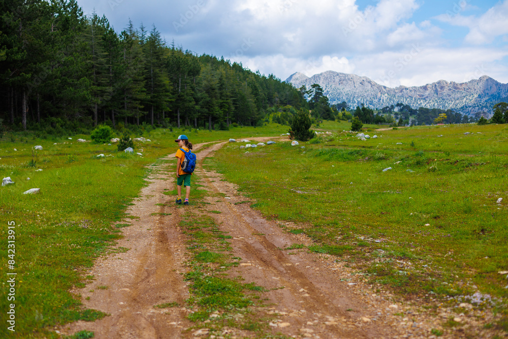 Obraz premium Traveling child. a tourist with a backpack walks along a mountain road. hiking and active healthy lifestyle.