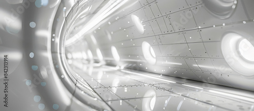 Futuristic tunnel with white glossy surfaces, circular details, and glowing light