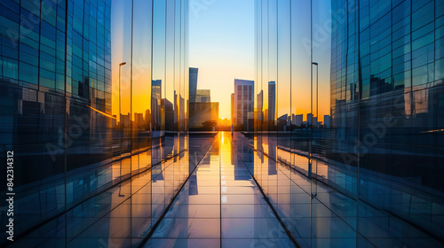 Olympic village at dawn, modern buildings with a serene atmosphere close up, focus on tranquility, vibrant, silhouette, sunrise backdrop