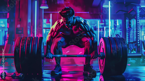 Weightlifting event, athlete lifting barbell, neon lights, cyberpunk theme, intense focus, high detail, digital illustration