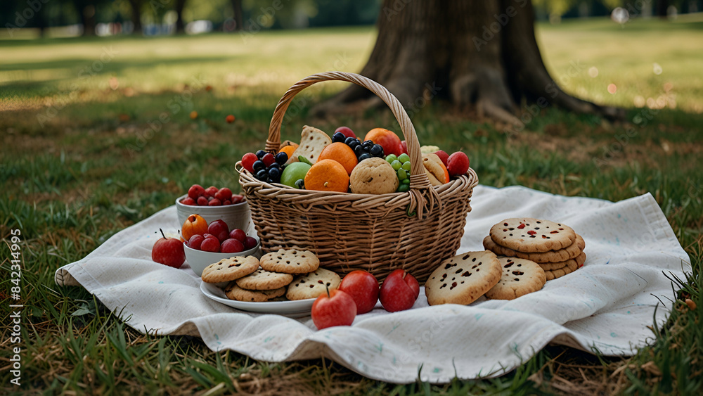 Basket brimming with delicious cookies and vibrant summer fruits, perfect for a delightful and colorful picnic treat. Basket brimming with delicious cookies and vibrant summer fruits, perfect for a delightful and colorful picnic treat.