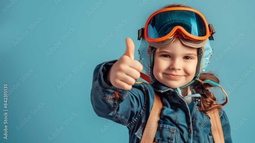 Happy child in winter clothes giving a thumbs up. Young girl ready for skiing or snowboarding on a blue background. Happy child in winter clothes giving a thumbs up. Young girl ready for skiing or snowboarding on a blue background.