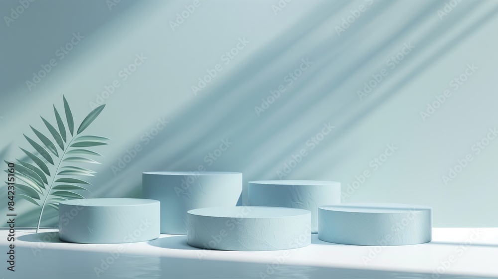 Five Minimalist Blue Toned Round Podiums for Product Presentation on Empty Background. Ideal for E-commerce and Advertising Displays, Showcasing Minimalist Style and Elegance Five Minimalist Blue Toned Round Podiums for Product Presentation on Empty Background. Ideal for E-commerce and Advertising Displays, Showcasing Minimalist Style and Elegance