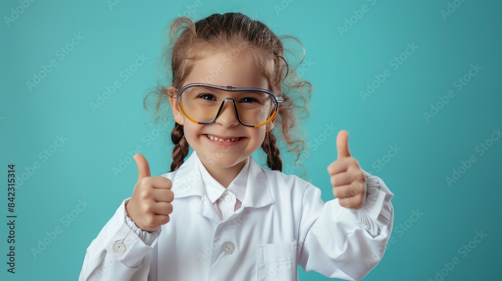 Happy young girl wearing a lab coat and safety glasses, giving two thumbs up against a blue background, embodying a future in science. Happy young girl wearing a lab coat and safety glasses, giving two thumbs up against a blue background, embodying a future in science.