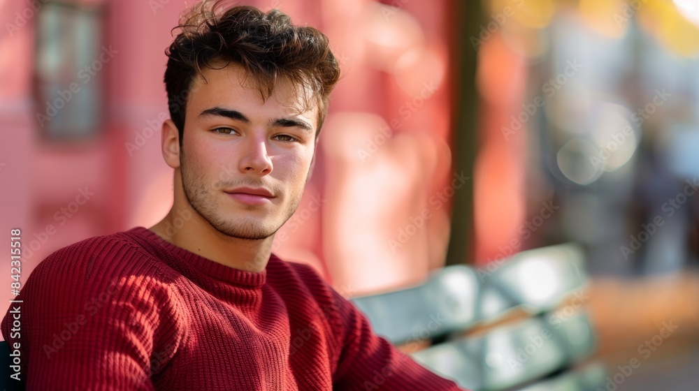 Serious young man in a red sweater sitting on a bench. Generative AI. Serious young man in a red sweater sitting on a bench. Generative AI.