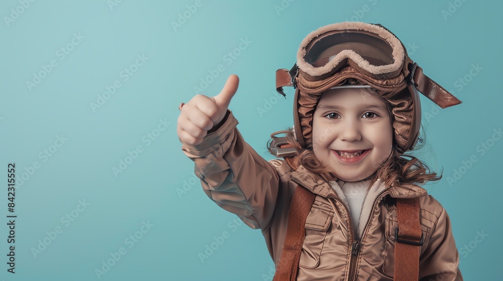 Smiling child in aviator outfit giving a thumbs up against a blue background, representing childhood dreams and adventure. Smiling child in aviator outfit giving a thumbs up against a blue background, representing childhood dreams and adventure.