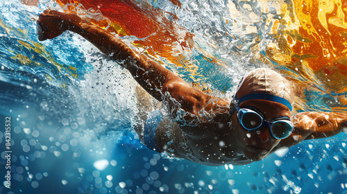 Olympic swimmer breaking the surface with a powerful stroke, water droplets flying copy space, strength theme, vibrant, multilayer, swimming pool backdrop