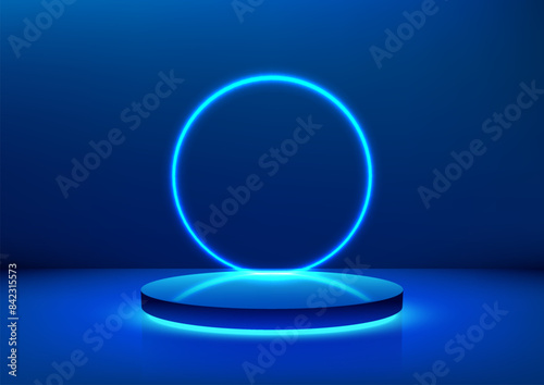 3D blue podium with neon li...