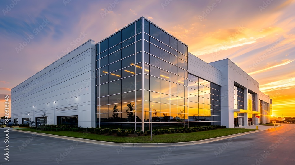 A wide-angle photo of an industrial building with white walls and glass windows, illuminated by the setting sun in summer. A wide-angle photo of an industrial building with white walls and glass windows, illuminated by the setting sun in summer.
