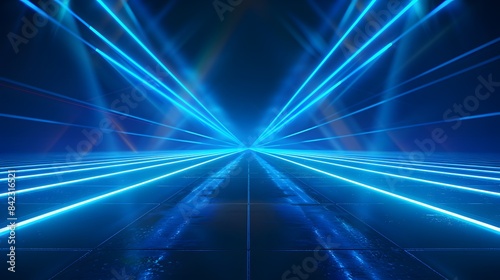 Abstract blue glowing light road lines background with neon laser beams, in the style of night club stage concept.