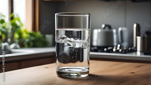 The kitchen has a glass of water in it.