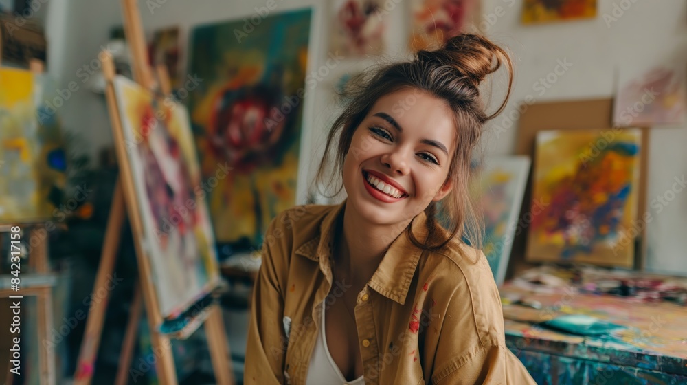 Joyful female artist with a wide smile in a colorful painting studio surrounded by artworks Joyful female artist with a wide smile in a colorful painting studio surrounded by artworks