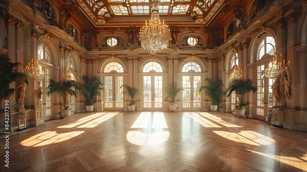 An expansive, sunlit ballroom featuring crystal chandeliers hanging from a vaulted ceiling. Ornate statues and lush plants enhance the sophisticated atmosphere, for an editorial fashion shoot.