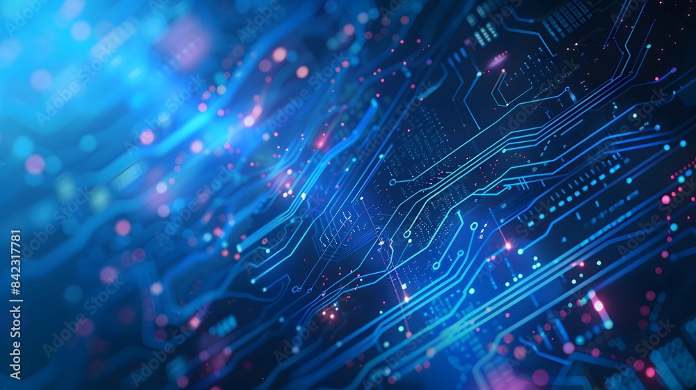 Fototapeta premium blue digital technology background with a circuit board and data flow diagonally arranged on the right side of an illustration, with high resolution and highly detailed style.