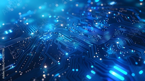 blue digital technology background with a circuit board and data flow diagonally arranged on the right side of an illustration, with high resolution and highly detailed style.