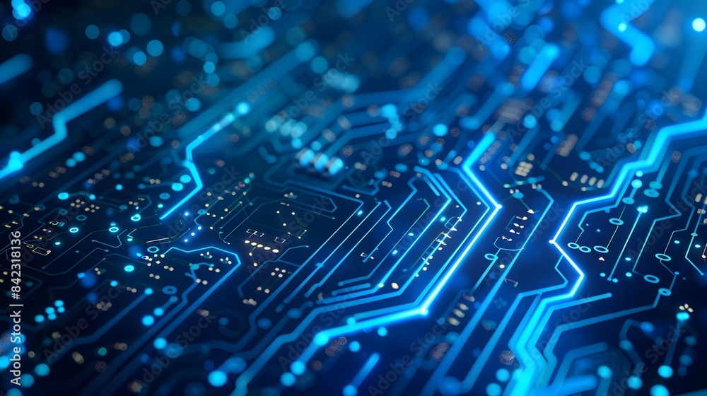 blue digital technology background with a circuit board and data flow diagonally arranged on the right side of an illustration, with high resolution and highly detailed style. blue digital technology background with a circuit board and data flow diagonally arranged on the right side of an illustration, with high resolution and highly detailed style.
