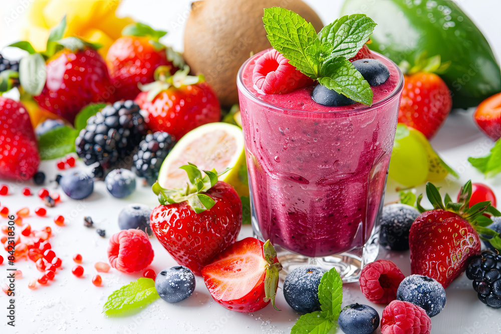 Smoothie with fresh fruits and berries on white background, healthy drinks Smoothie with fresh fruits and berries on white background, healthy drinks
